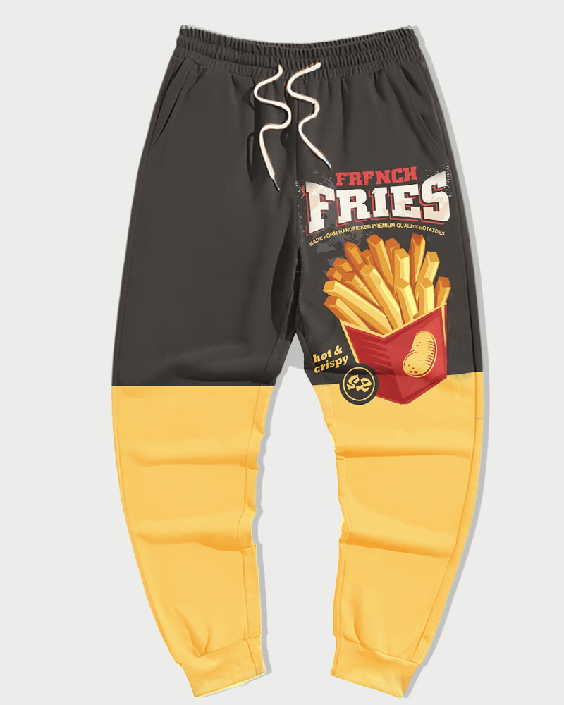 Men's Casual Retro French Fries Print Plus Size Hoodie Suit