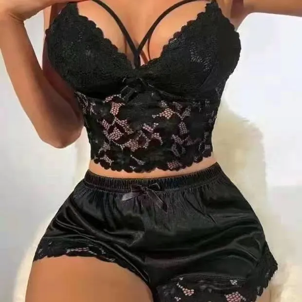 Churchf 2024 New Sling Lace Vest Lace Lace Blouse Lace Shorts Two-Piece Pajamas Set