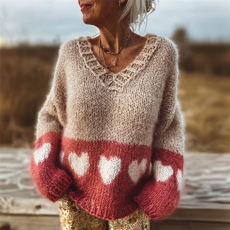 Valentine's Day Hearts Contrast Color Cozy Knit Sweater wearshes