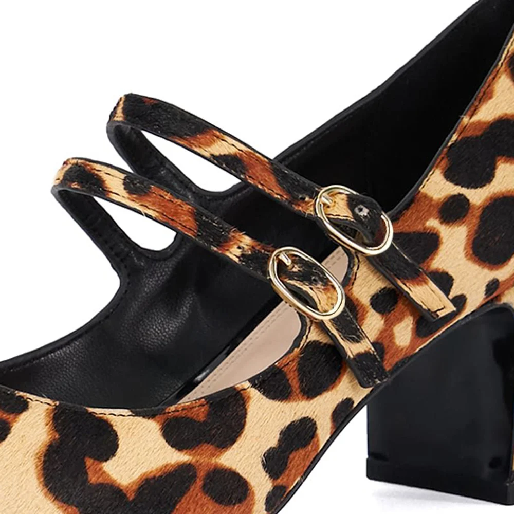 Beige Cheetah Pattern Closed Toe Block Heel Buckle Mary Jane Pumps
