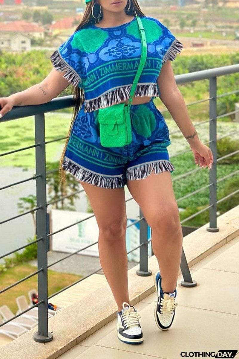 Casual Print Tassel Patchwork O Neck Short Sleeve Two Pieces