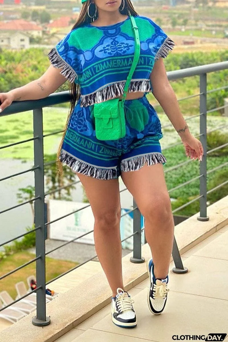 Casual Print Tassel Patchwork O Neck Short Sleeve Two Pieces