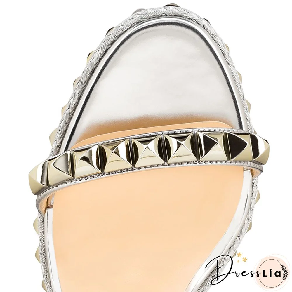 Rivet Wedges Sandals Waterproof Super High Heel Summer Women Shoes Ankle Buckle Round Open Toe Cut Out Silver Sandals