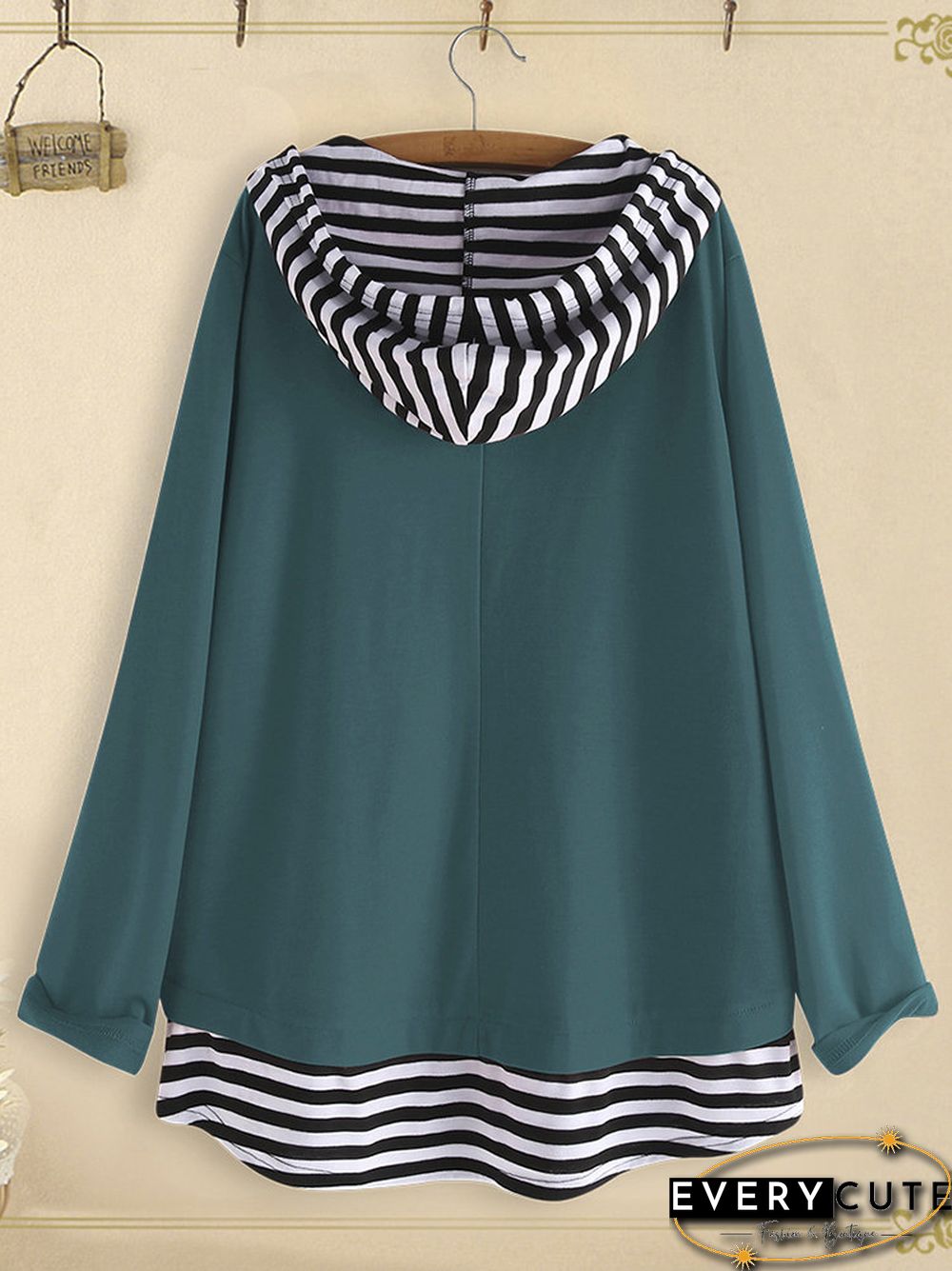 Side Button Cartoon Print Stripe Patchwork Long Sleeve Hoodie