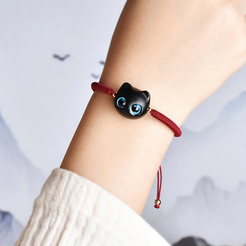 Ebony Wood Cat Head Pattern Peace King Kong Knot Braided Bracelet