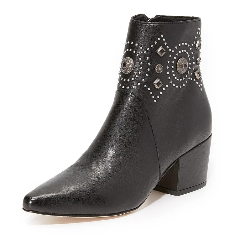 Black Studs Block Heel Boots Pointed Toe Ankle Western Boots |FSJ Shoes