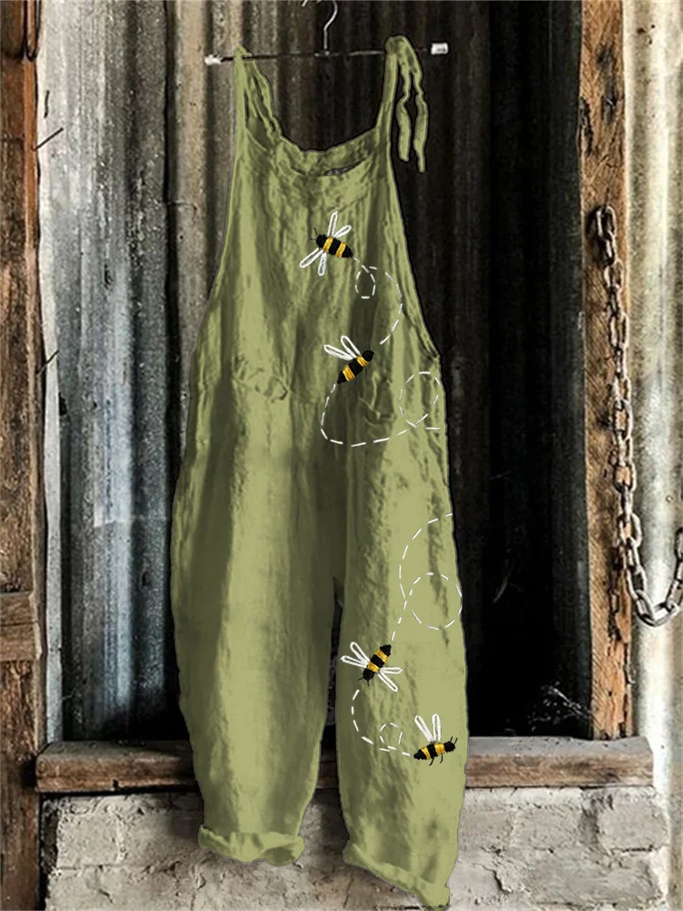 VChics Flying Bees Embroidered Linen Blend Jumpsuit