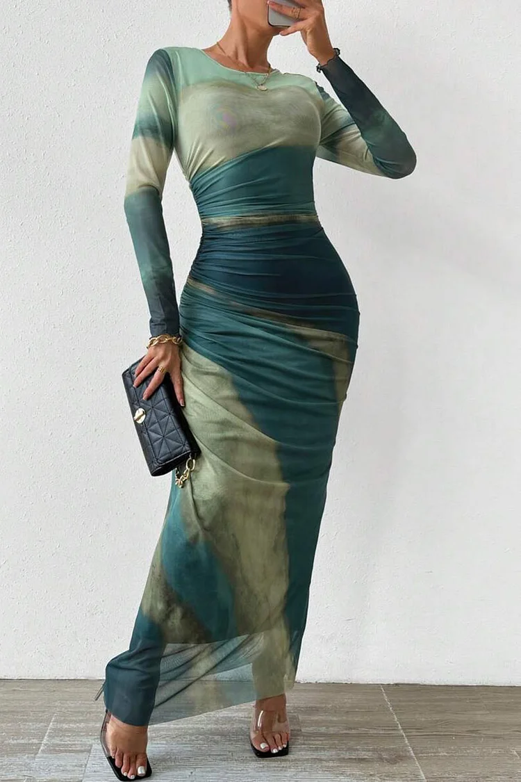 Round Neck Long Sleeve Tie Dye Ruched Slim Fit Mesh Maxi Dresses