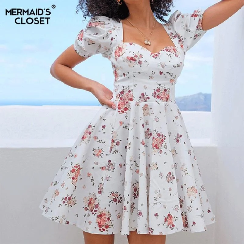 Women Summer Floral Print Dress Boho Square Collar Puff Sleeve Mini Backless Dress 2023 New Female A Line Holiday Party Vestidos