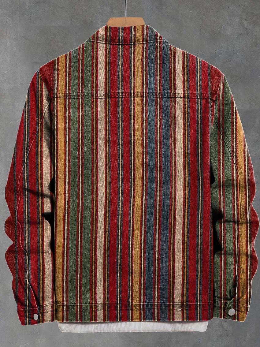 Vintage Ethnic Stripes Print Casual Denim Jacket