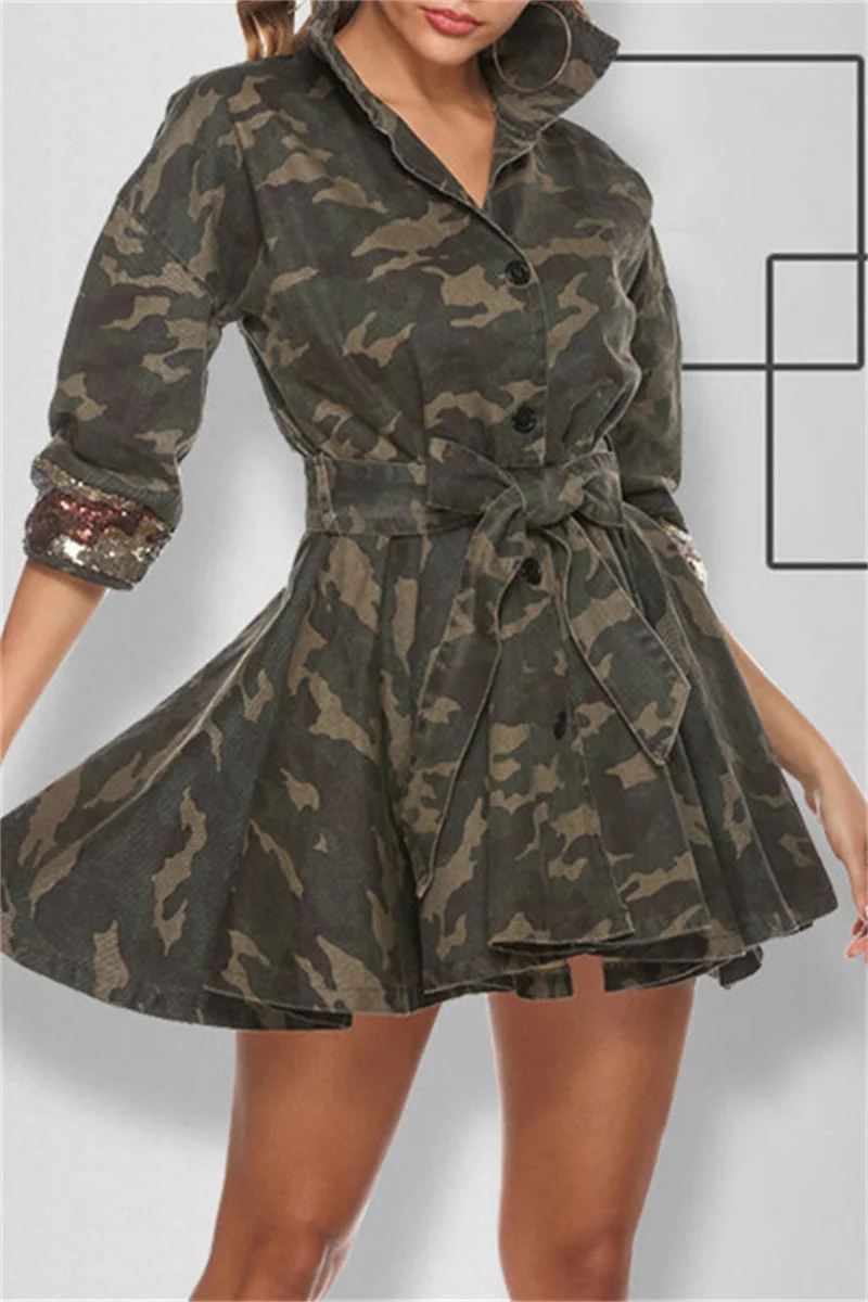 Fashion Camouflage Print Sequins Split Joint Turndown Collar Long Sleeve Dresses