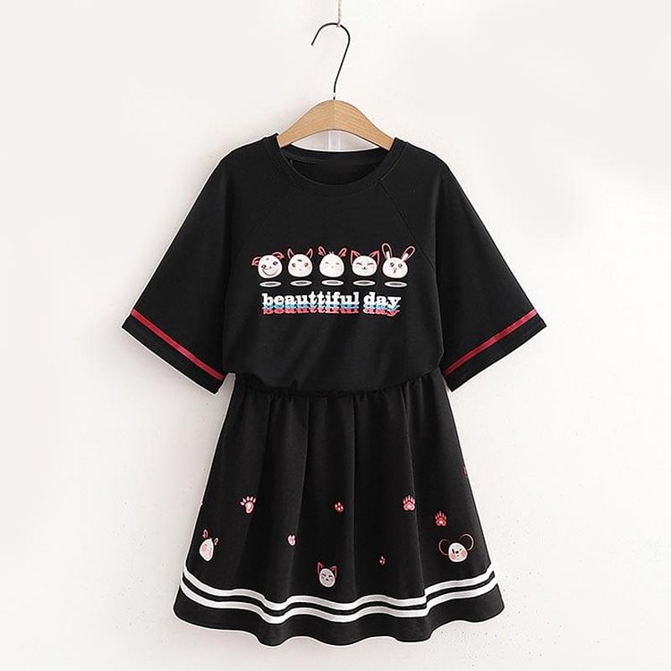 Cartoon Letter Print T-Shirt Skirt Set - Modakawa Modakawa