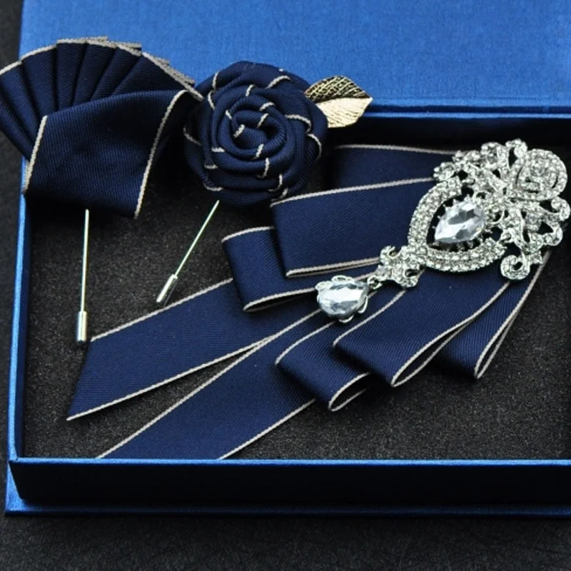 High-quality Fashion Handmade Red Diamond Bow Tie Wedding Collar Bowtie Brooch Pocket Towel Square Set Gifts for Men Accessories