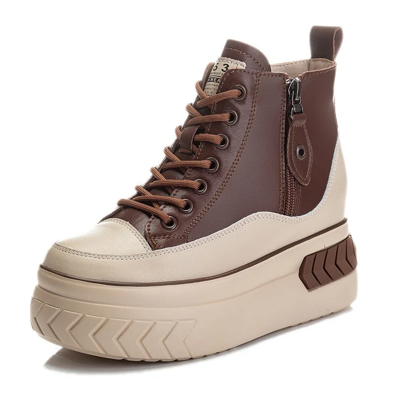 Fujin High Top Women Shoes Genuine Pleather 8cm Platform Wedge Hidden Heel Zipper Spring Autumn Warm Fur Winter Shooes Sneakers
