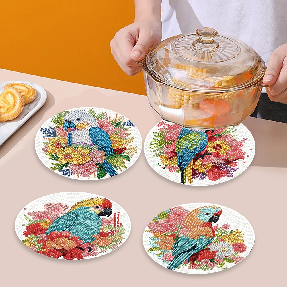 4pcs DIY Flower Parrot Wooden Diamond Painted Placemats for Dining Table Decor(15*15cm)