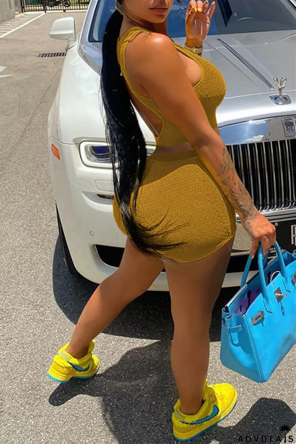 Yellow Fashion Casual Solid Basic U Neck Sleeveless Two Pieces