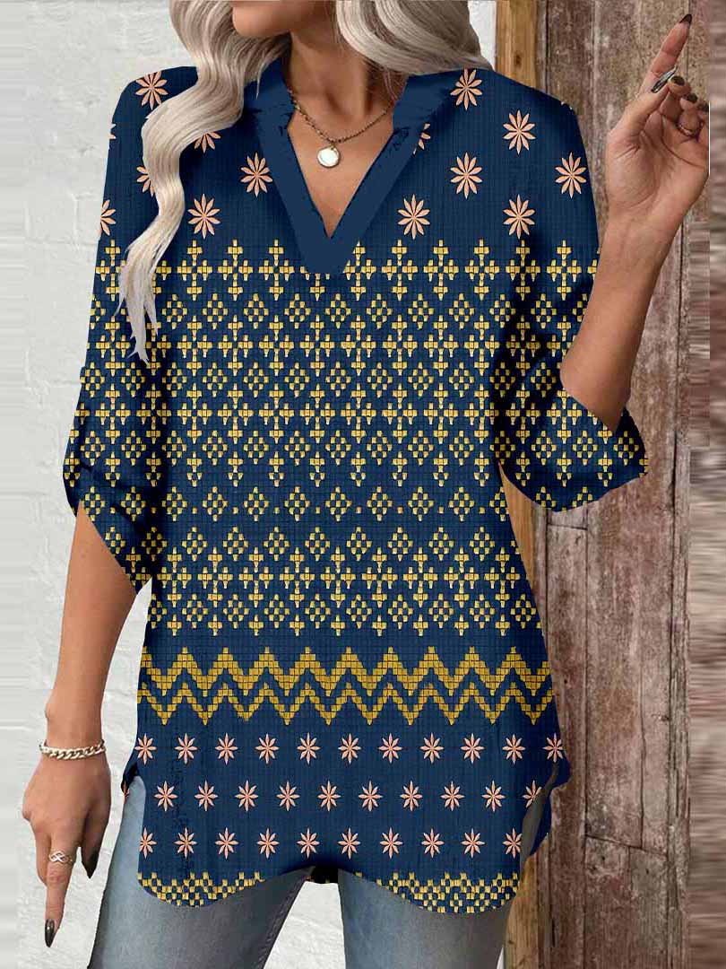 Women Retro Black, Gold DZGA0328 3/4 Sleeve V-neck Printed Graphic Button Tops