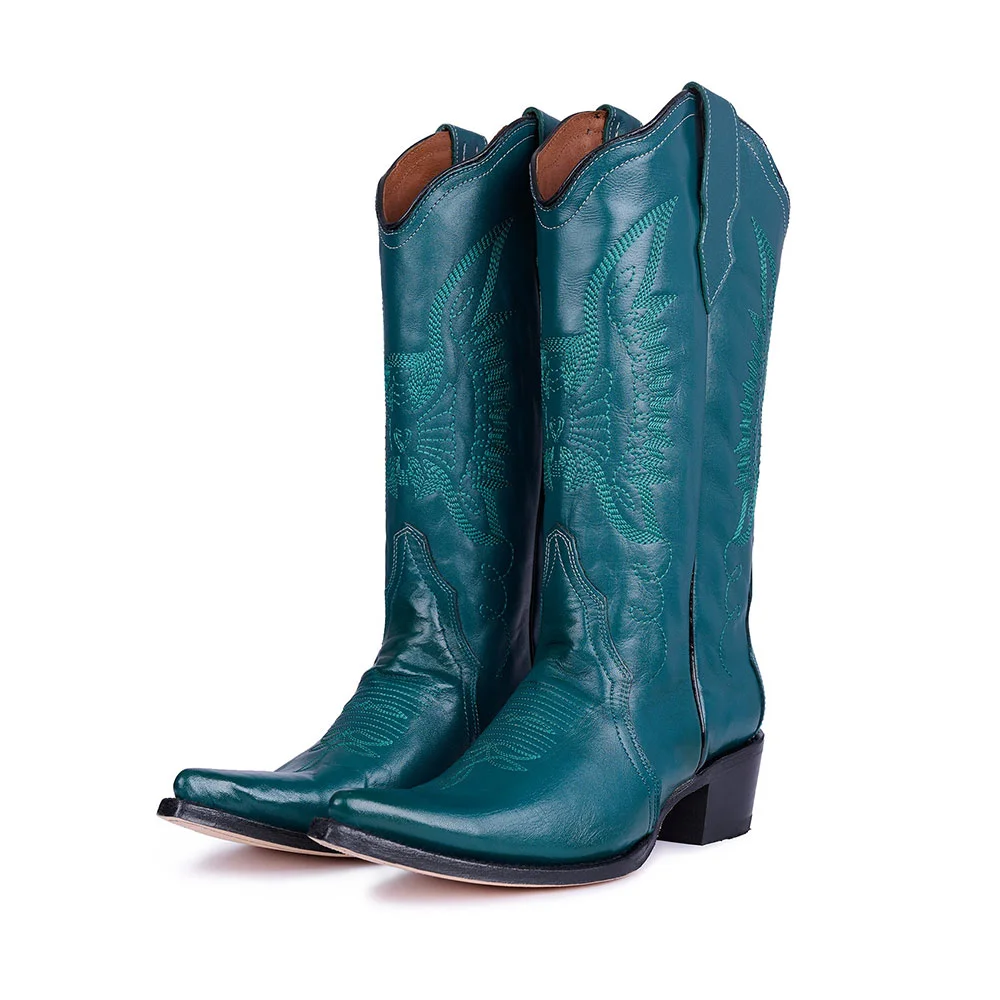 Teal Chunky Heel Pointed Toe Cowgirl Boots with Eagle Embroidery