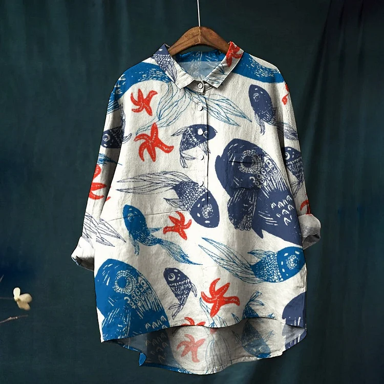 Women's Colorblock Fish Print Casual Linen Shirt