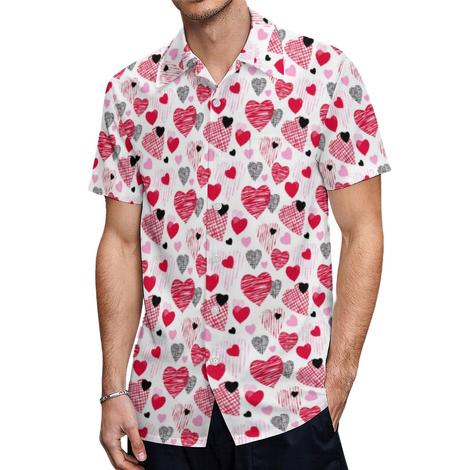Valentines Day Whimsical Hearts White Hawaiian Shirt Mens Button Down Plus Size Tropical Hawaii Beach Shirts