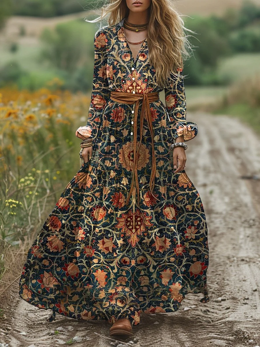 Women's Vintage Ethnic Floral Art Patterns Print Pocket Cotton Maxi Dress