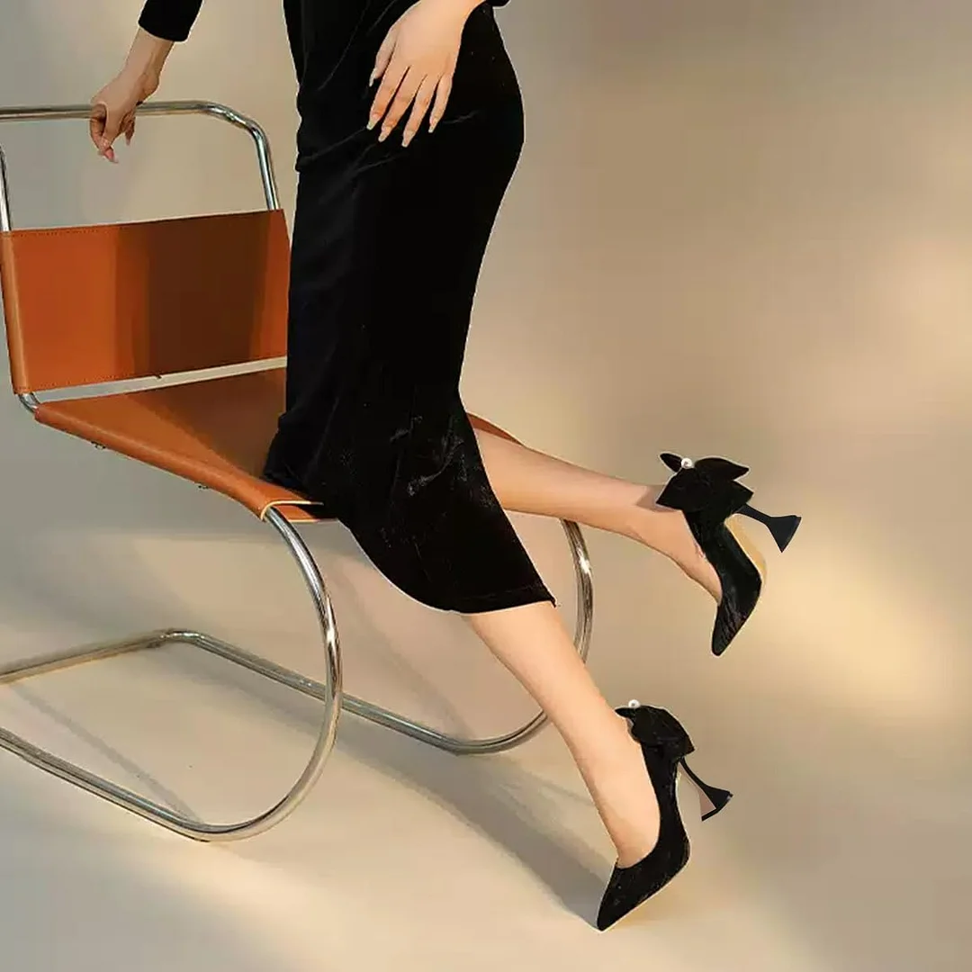 Velvet Pointed Toe Back Bow Flared Heel Black Pumps for Women