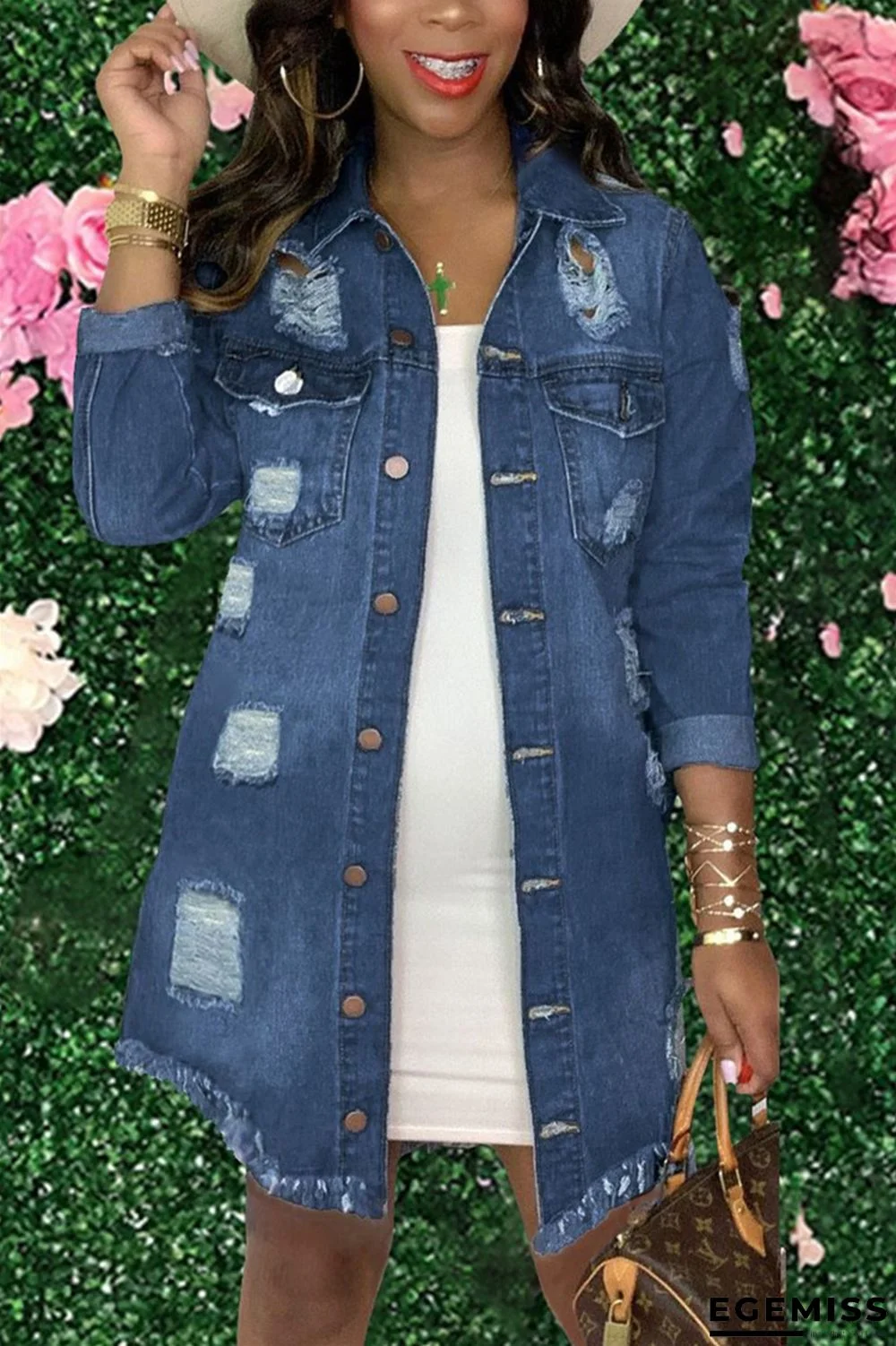 Dark Blue Fashion Casual Solid Ripped Turndown Collar Long Sleeve Regular Denim Coats | EGEMISS