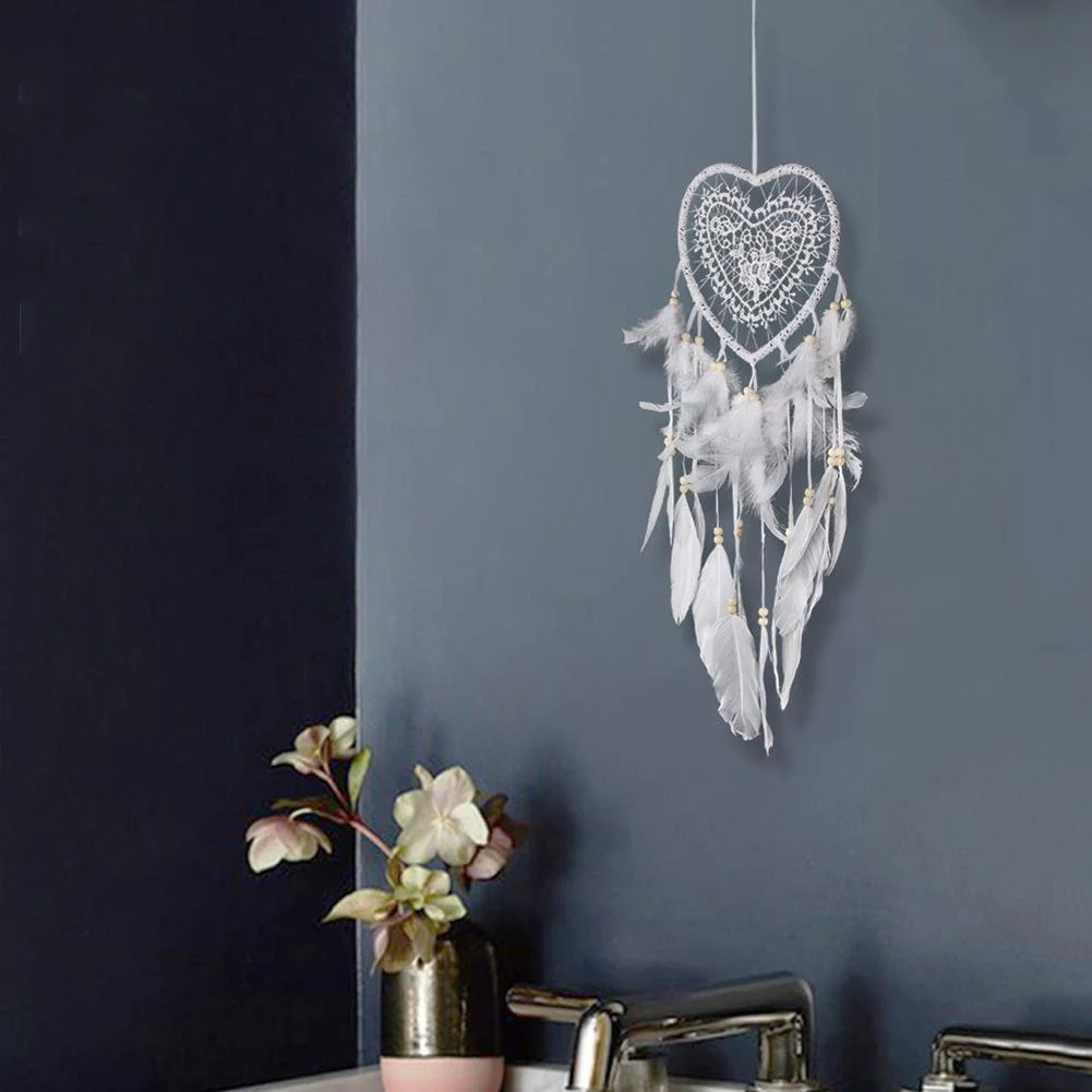 Heart Dream Catcher LED Light Feathers Wall Hanging Dreamcatcher (White)