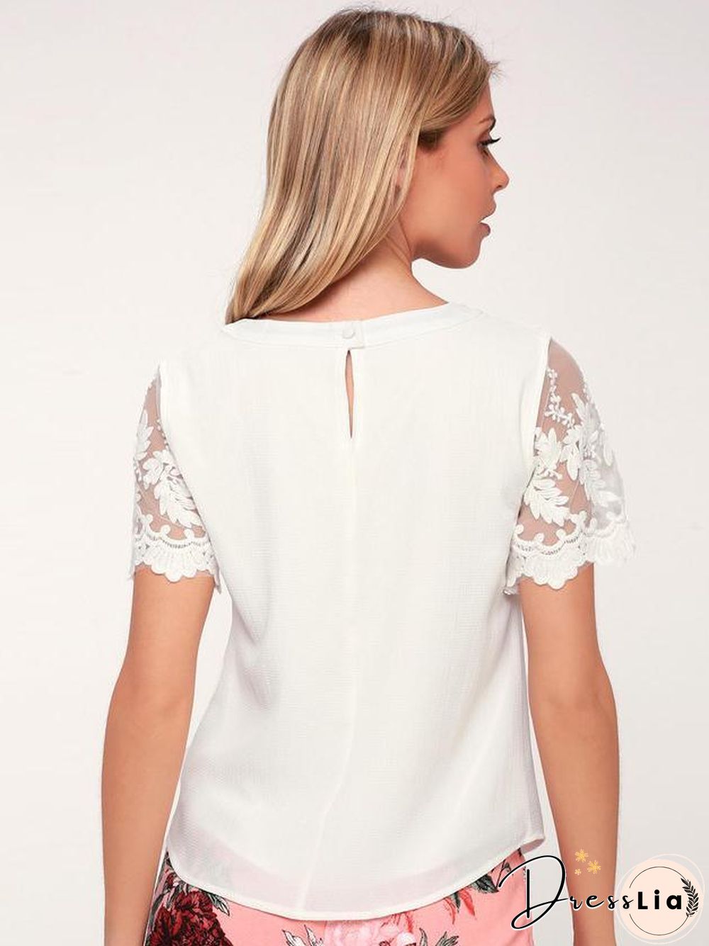 Pink Short Sleeve Floral Embroidered Office Lace Top