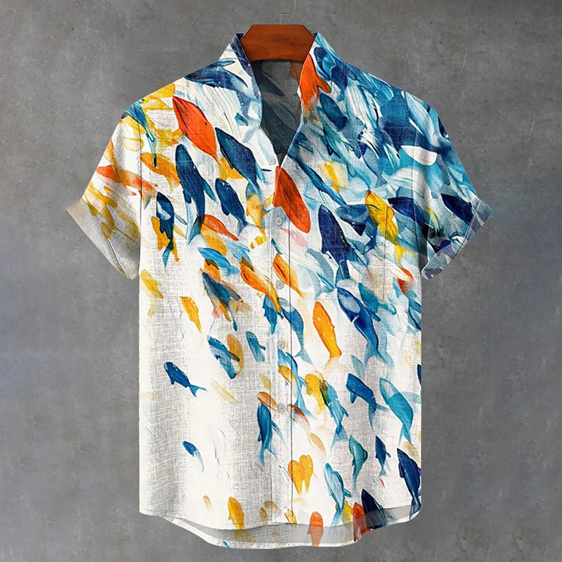 Retro Fish Pattern Japanese Retro Linen Art Short-sleeved Shirt  artssus