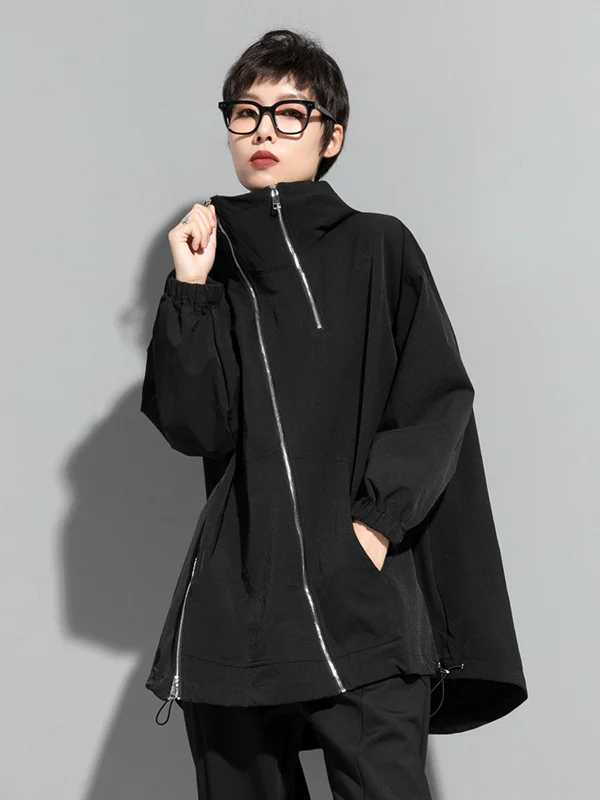 Fashion Irregularity Loose Solid Color Zipper Hooded Outerwear