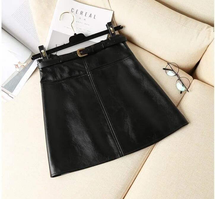 2018 Black Self Belt Women Vintage Steetwear PU Skirt Autumn Vintage A-Line Faux Leather Skirt Winter Mini Skirts Faldas