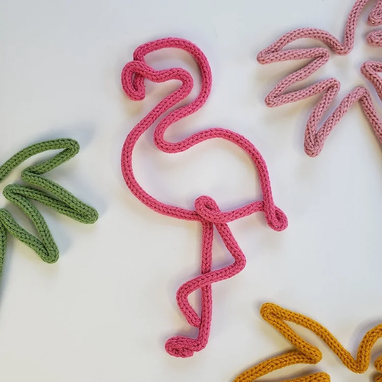 Baby Pink Flamingo Wall Art, Yarn and Wire Animals, Knitted icord Decor, Summer Tropical Animals Themed Nursery, Baby Girl Room Accessories