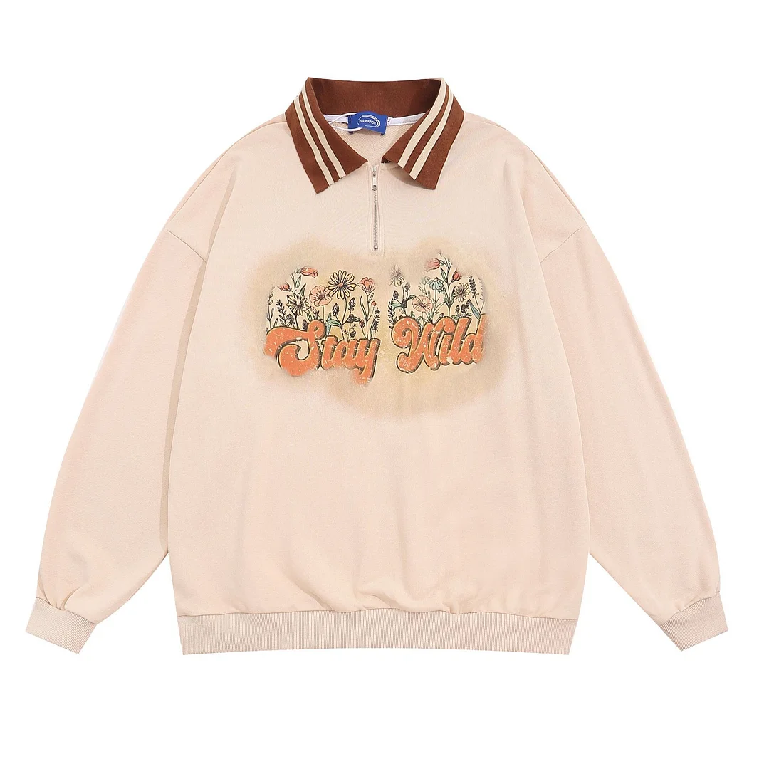 Japanese Retro Floral Lapel Polo Shirt Sweatshirt、、URBENIE