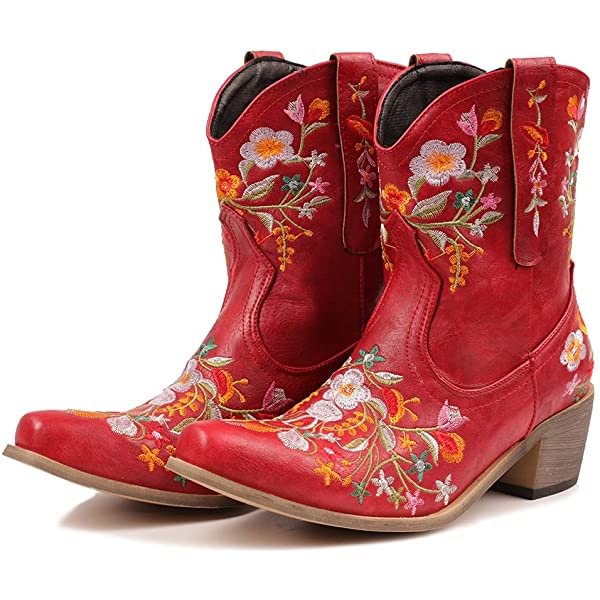 Heelchic Women Vintage Flower Embroidered Cowgirl Boots