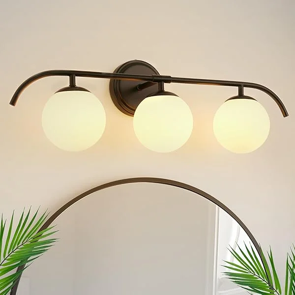 3-Light Gold Bathroom Light Fixtures with Milky Glass Ball Shades, Brushed Brass Bathroom Lighting Fixtures Over Mirrors, Modern Vanity Light for Bathrooms Bedroom Living Room Gold 3-Light