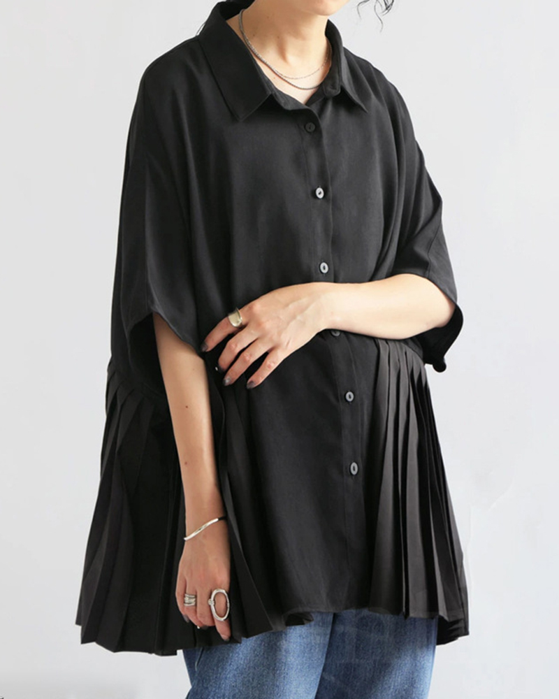 Pleated Hem Loose Short Sleeve Shirt