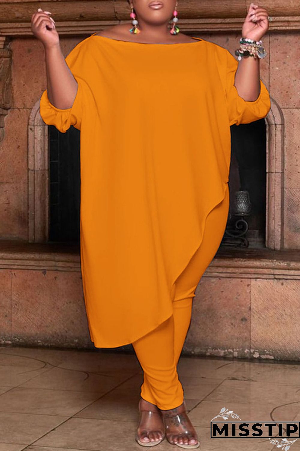 Green Fashion Casual Solid Asymmetrical Oblique Collar Plus Size Two Pieces