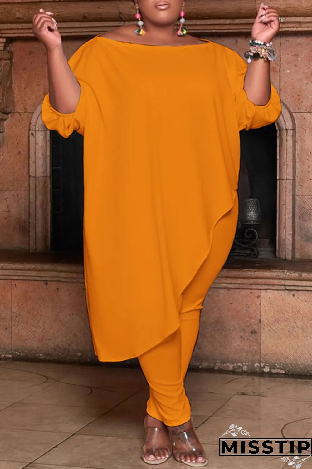 Green Fashion Casual Solid Asymmetrical Oblique Collar Plus Size Two Pieces