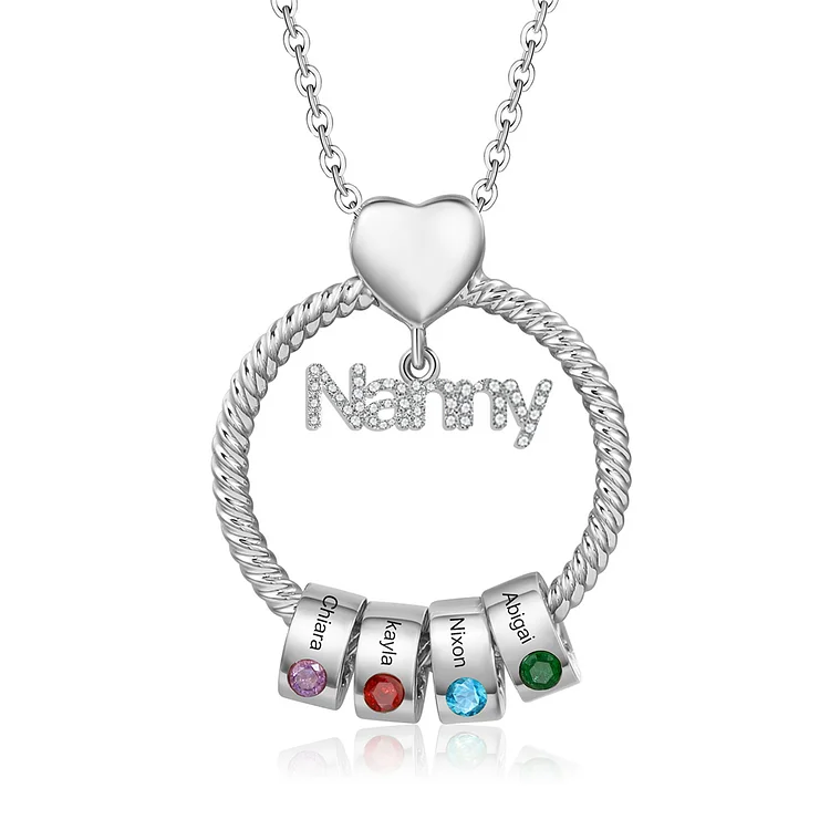 4 Names-Personalized Nanny Circle Necklace With 4 Birthstones Pendant Engraved Names Gift For Nanny