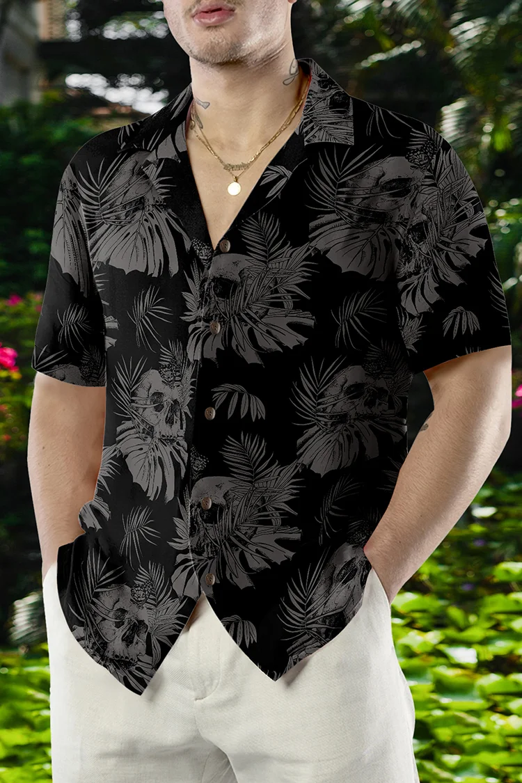 Trendy Black Vegetal Skull Print Cuban Collar Shirt