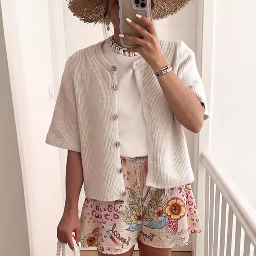 Wongn Wongn Women's New Short-Sleeved Knit Cardigan Solid Color Half Open Collar Button Sweater Women's Women's Casual Cardigan