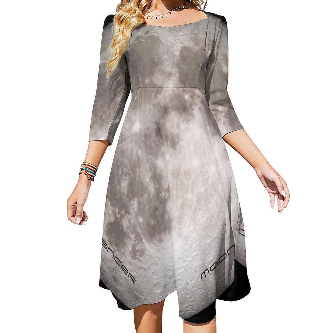 Zodiac Cancer Celestial Grey Moon Typography Dress Sweetheart Tie Back Flared 3/4 Sleeve Midi Dresses