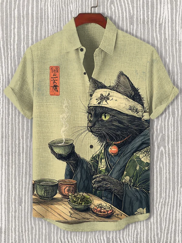 Men's Cat Drinking Tea Japanese Tea Ceremony Art Print Shirt