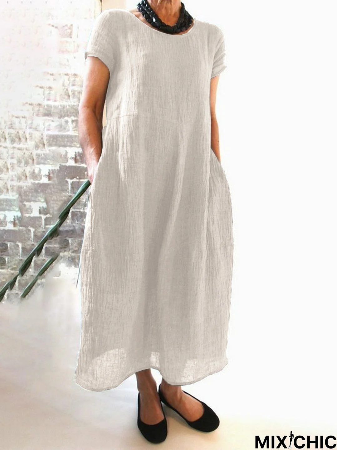 Women Linen Cotton Casual Solid Round Neck Women Dress