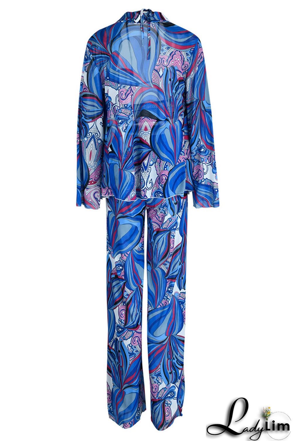 Blue Fashion Casual Print Basic Turndown Collar Long Sleeve Three-piece Set