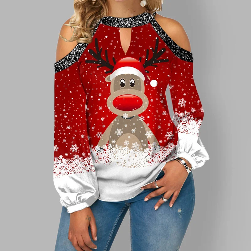 Christmas Elk Snowflake Print Sexy Off Shoulder T-shirt