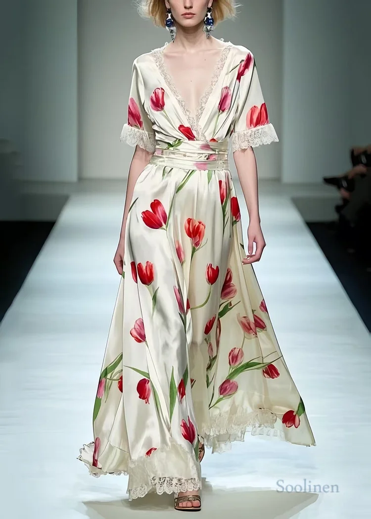 Elegant White Floral Print Patchwork Lace Long Dress Summer