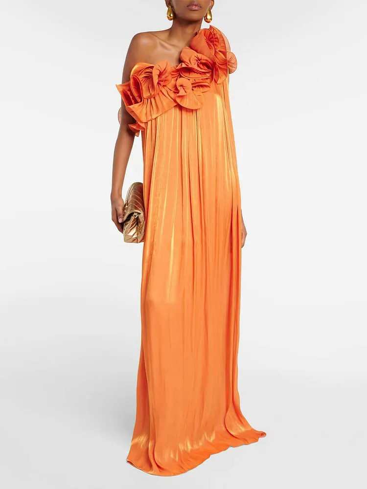 Romantic Moment Unique One Shoulder Applique Ruffle Pleated Dress