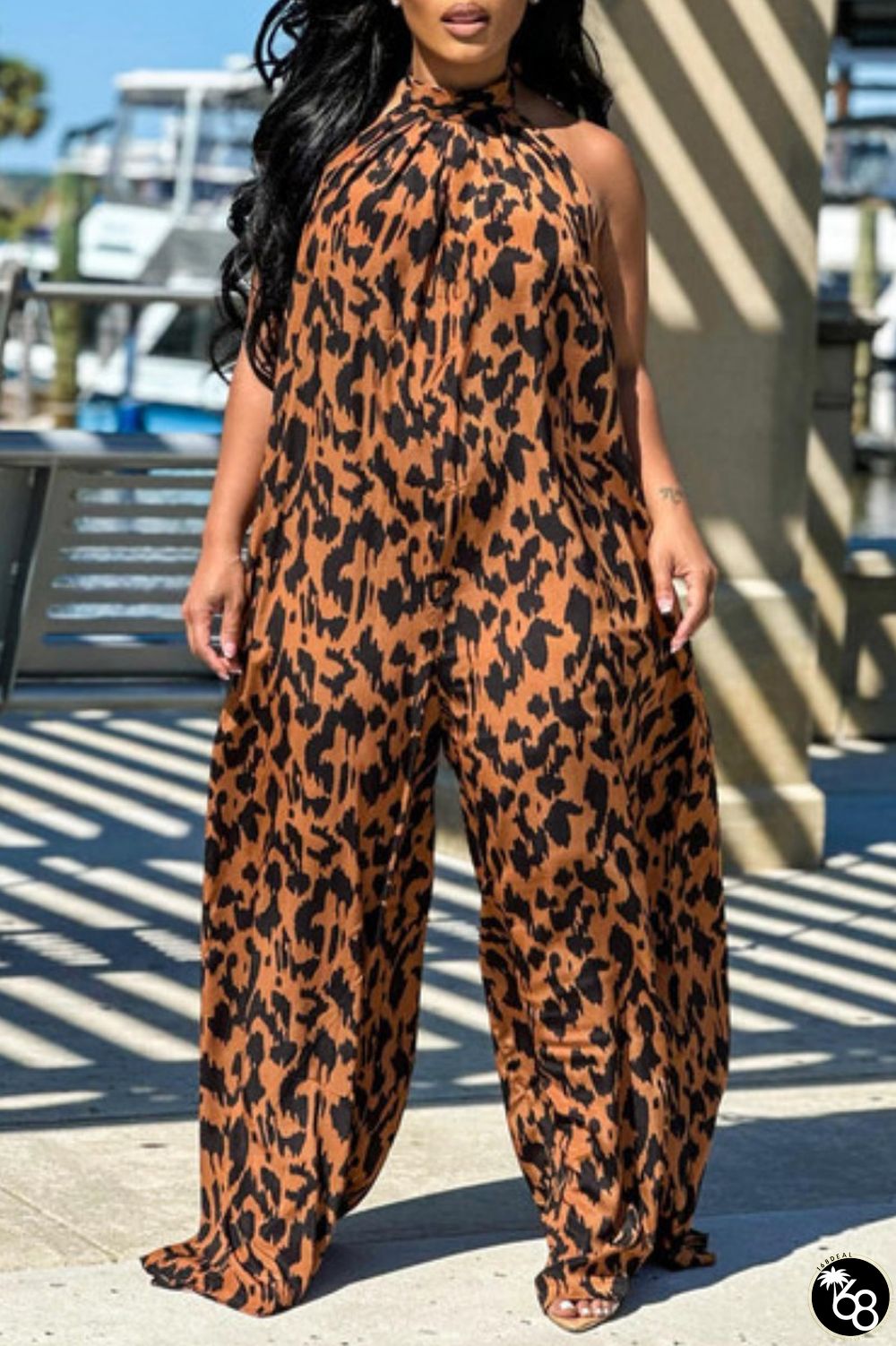 Leopard Print Casual Print Bandage Backless Halter Regular Jumpsuits | 168DEAL
